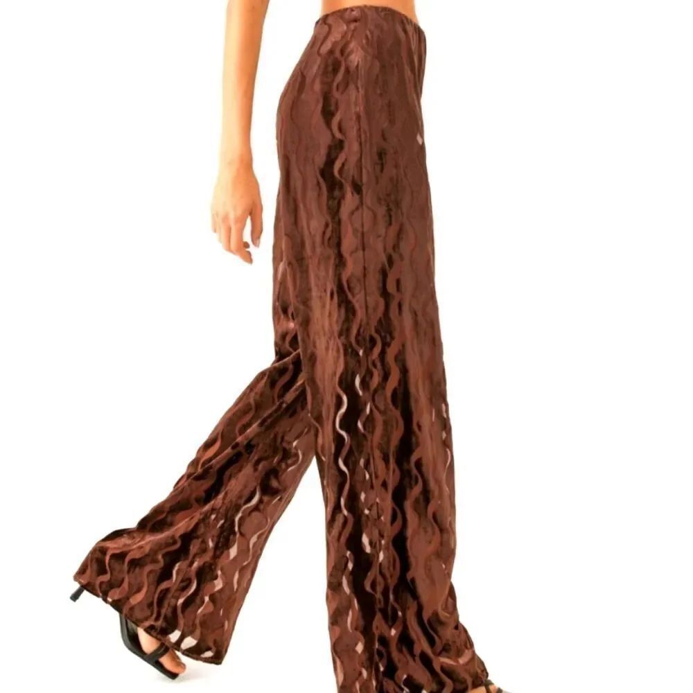 Burnout wavy pattern velvet, wide leg pull up pants, brown size M New